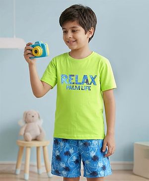 Pine Kids Single Jersey Knit Half Sleeves Palm Tree Printed Shorts Night Suit - Limegreen & Blue