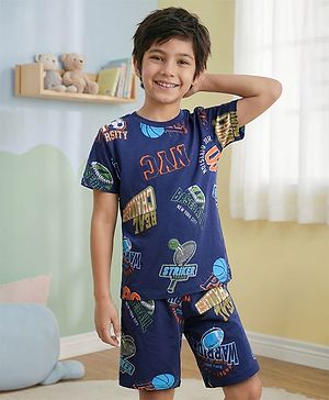 Pine Kids Single Jersey Knit Half Sleeves Shorts Night Suit With Text Print - Navy Blue