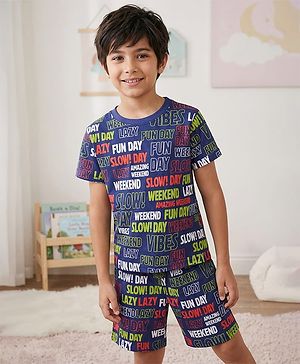 Pine Kids Single Jersey Knit Half Sleeves Co-ords Shorts Night Suit With Text Print - Navy Blue