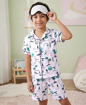 Pine Kids Single Jersey Half Sleeves Shorts Night Suit With Beach Theme Print - White