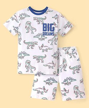 Pine Kids Single Jersey Knit Half Sleeves Shorts Night Suit With Dino Print - White