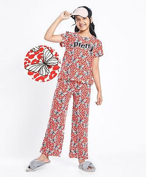 Pine Kids Single Jersey Knit Half Sleeves Night Suit With Butterfly Print - White & Red