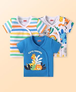 Babyhug 100% Cotton Knit Half Sleeves Front Open Vests with Jungle Safari Theme Print Pack of 3 - Blue & White