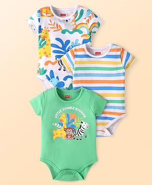 Babyhug 100% Cotton Knit Half Sleeves Striped & Animal Printed Onesies Pack of 3  - Light Green & White