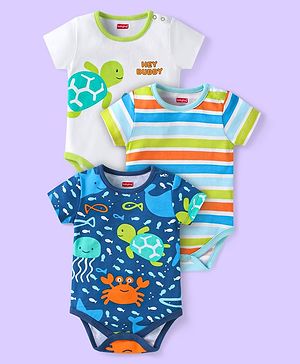 Babyhug 100% Cotton Knit Half Sleeves Onesies with Sea Life Print & Stripes Pack of 3 - White & Blue