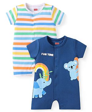 Babyhug 100% Cotton Knit Half Sleeves Romper with Stripes & Animal Print Pack of 2 - White & Navy Blue