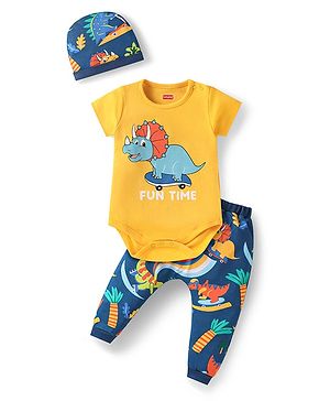Babyhug 100% Cotton Knit Half Sleeves Onesie & Legging With Dino Print & Cap - Yellow & Navy Blue