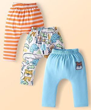 Babyhug Cotton Knit Full Length Diaper Leggings with Strips & Animal Print Pack of 3 - Orange White & Light Blue