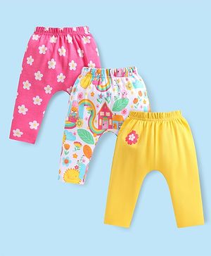 Babyhug Cotton Knit Full Length Diaper Leggings with Floral Print Pack of 3 - Yellow White & Pink