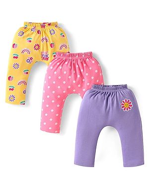 Babyhug Cotton Interlock Knit Full Length Diaper Leggings with Floral Print Pack of 3 - Yellow Pink & Purple