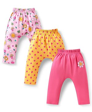 Babyhug Cotton Knit Full Length Diaper Leggings with Floral & Hearts Print Pack of 3 - Yellow & Pink
