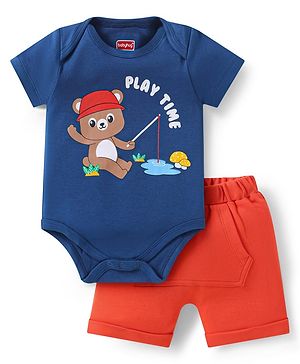 Babyhug 100% Cotton Knit Half Sleeves Onesie with Shorts & Bear Print  - Red & Navy Blue
