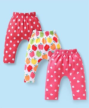 Babyhug Cotton Knit Full Length Diaper Leggings with Polka Dots Hearts & Apple Print Pack of 3 - White & Dark Pink