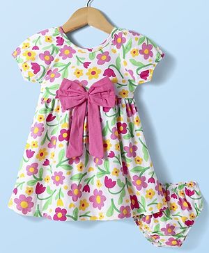 Babyhug Single Jersey Knit Half Raglan Sleeves Floral Printed Frock With Bow Applique & Bloomer - White