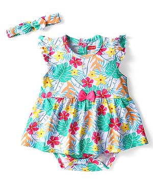 Babyhug Single Jersey Knit Sleeveless Frock Style Onesie With Floral Print & Hairband - White