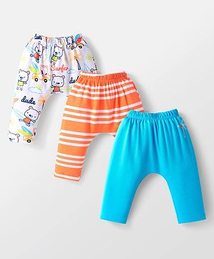 Babyhug Interlock Knit Full Length Diaper Leggings with Beach Theme Print & Stripes Pack of 3 - Orange Blue & White