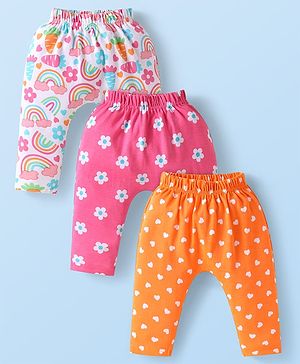 Babyhug Cotton Interlock Knit Full Length Diaper Leggings with Floral & Heart Print Pack of 3 - White Pink & Orange