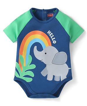 Babyhug Interlock Knit Half Raglan Sleeves Onesie With Elephant Print - Navy Blue & Green