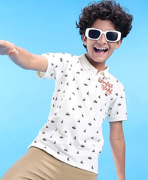 Pine Kids Cotton Knit Half Sleeves Polo T-Shirt with Ship Print & Text Embroidery - White