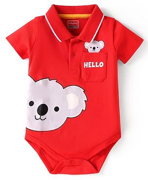 Babyhug 100% Cotton Knit Half Sleeves Collared Onesie with Bear Print - Red