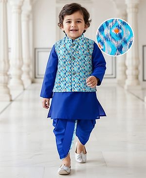 Babyhug Cotton Woven Full Sleeves  Kurta Dhoti Set with Motif Printed Waistcoat - Blue