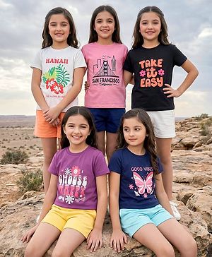 Pine Kids Cotton Knit Half Sleeves T-Shirts with Text Print Pack of 5 - Multicolor
