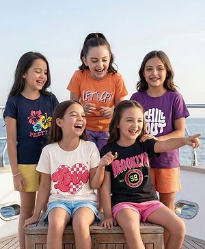 Pine Kids Cotton Knit Half Sleeves Text Printed T-Shirts Pack of 5 - Multicolor