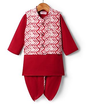 Babyhug Cotton Woven Mandarin Collar Full Sleeves Kurta Dhoti Set With Textured Print Jacket - Red