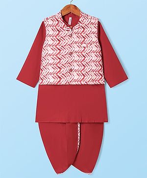 Babyhug Cotton Woven Full Sleeves Kurta Dhoti Set with Nehru Jacket and Cheveron Print - Red & White