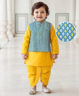 Babyhug Cotton Woven Full Sleeves Solid Kurta Dhoti Set with Printed Jacket - Mustard