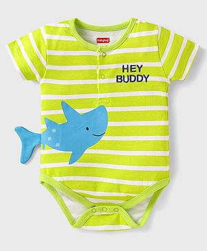 Babyhug 100% Cotton Knit Half Sleeves Text Embroidered Onesie with Whale Applique & Stripes - Light Green