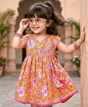 Babyhug Cambric Woven Sleeveless Ethnic Dress With Floral Print - Mustard