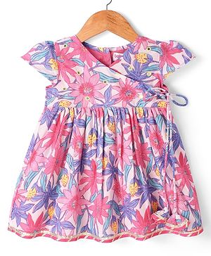 Babyhug Cotton Cambric Woven Half Cap Sleeves Floral Printed Frock - White & Pink