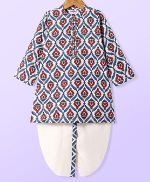 Babyhug Cotton Woven Full Sleeves Kurta Dhoti Set With Floral Print & Embroidery - White