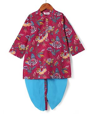 Babyhug Cotton Woven Full Sleeves Floral Printed Kurta Dhoti Set - Fuschia & Blue