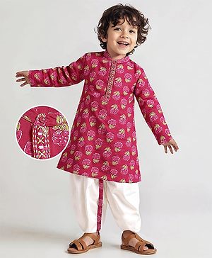 Babyhug Cotton Woven Full Sleeves Kurta Dhoti Set With Floral Print - Fuchsia