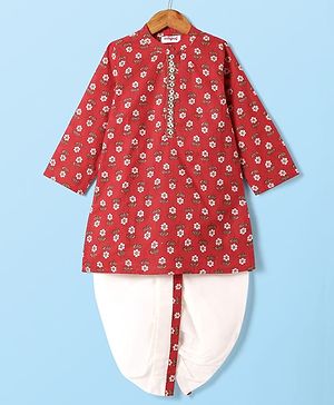 Babyhug Cotton Woven Full Sleeves Kurta Dhoti Set With Floral Print - Red
