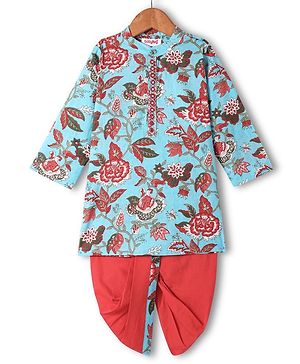 Babyhug Cotton Woven Full Sleeves Kurta Dhorti Set with Floral Print - Light Blue & Red