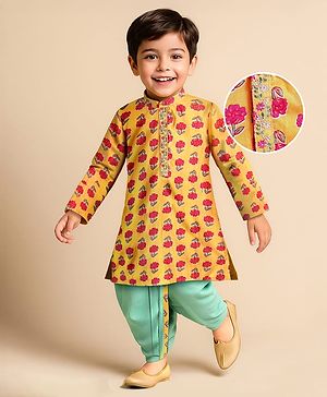 Babyhug Cotton Woven Full Sleeves Kurta Dhoti Set With Floral Print - Mustard