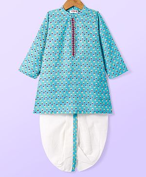 Babyhug Cotton Woven Full Sleeves Kurta Dhoti Set With Floral Print & Embroidery - Light Blue