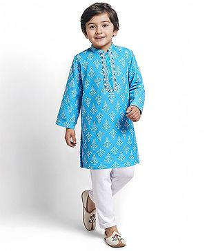 Babyhug Cotton Full Sleeves Kurta Pyjama Set With Floral Print - Light Blue