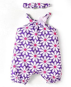 Babyhug 100% Cotton Knit Singlet Sleeves Romper with Headband & Floral Print - Purple