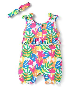 Babyhug Interlock Knit Sleeveless Romper With Floral Print & Hairband - White