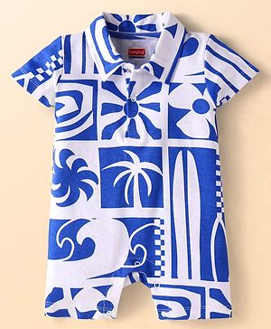 Babyhug Interlock Knit Half Sleeves Romper With Beach Theme Print - Blue & White