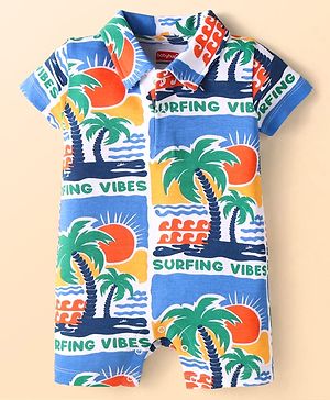 Babyhug Interlock Knit Half Sleeves Romper With Beach Theme Print - Blue