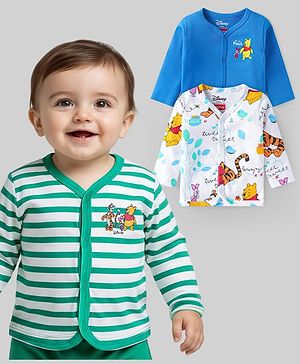 Babyhug Disney Interlock Knit Half Sleeves Jhablas with Winnie & Friends Graphics Pack of 3 - Blue White & Green