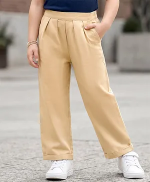 Kookie Kids Cotton Lycra Woven Full
                              Length Solid Color Pleated Wide Leg Lounge
                              Pant - Tan