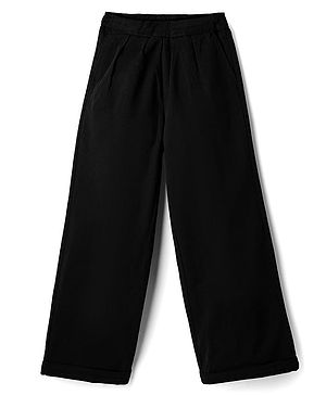 Kookie Kids Cotton Woven Full Length Pleated Wide Leg Lounge Pant With Pockets - Black