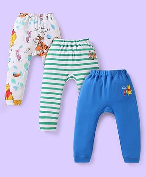 Babyhug Disney Interlock Knit Full Length Diaper Leggings With Winnie & Friends Graphic Pack Of 3 - Blue White Green