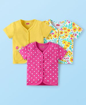 Babyhug 100% Cotton Knit Half Sleeves Front Open  Vests with Floral & Polka Dots Print Pack of 3 - Pink Yellow & Mint Green